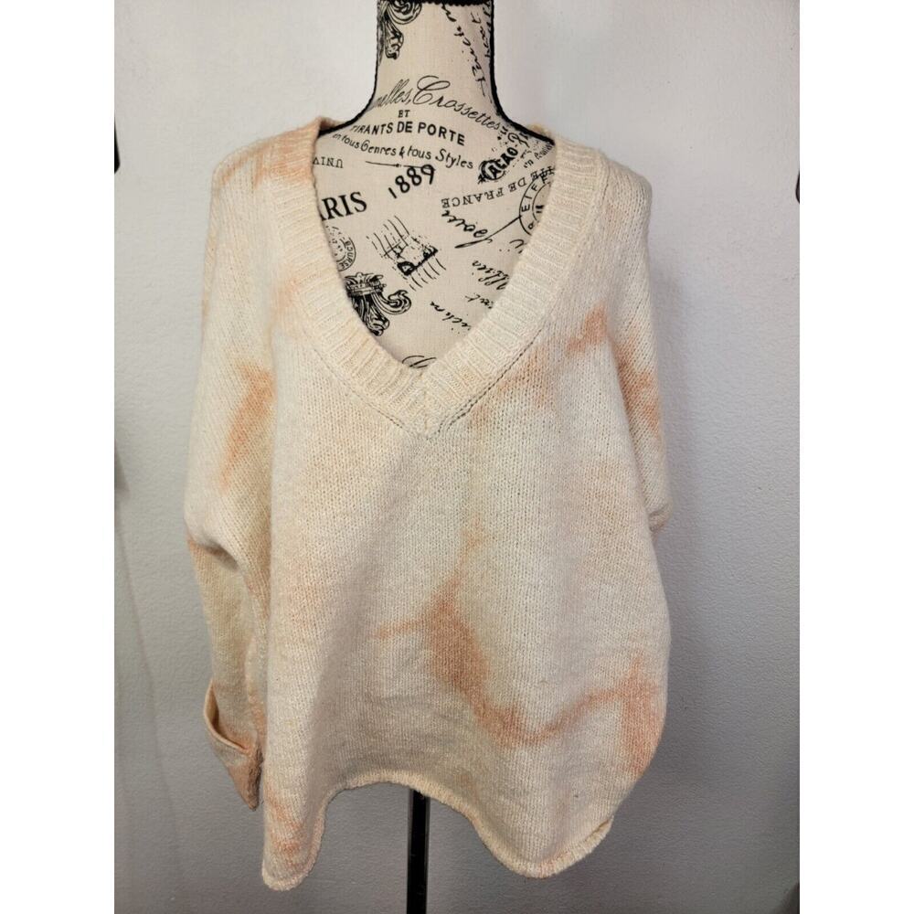 Anthropologie Cream and Peach Tie-Dye V-Neck Sweater Pullover - Picture 2 of 10